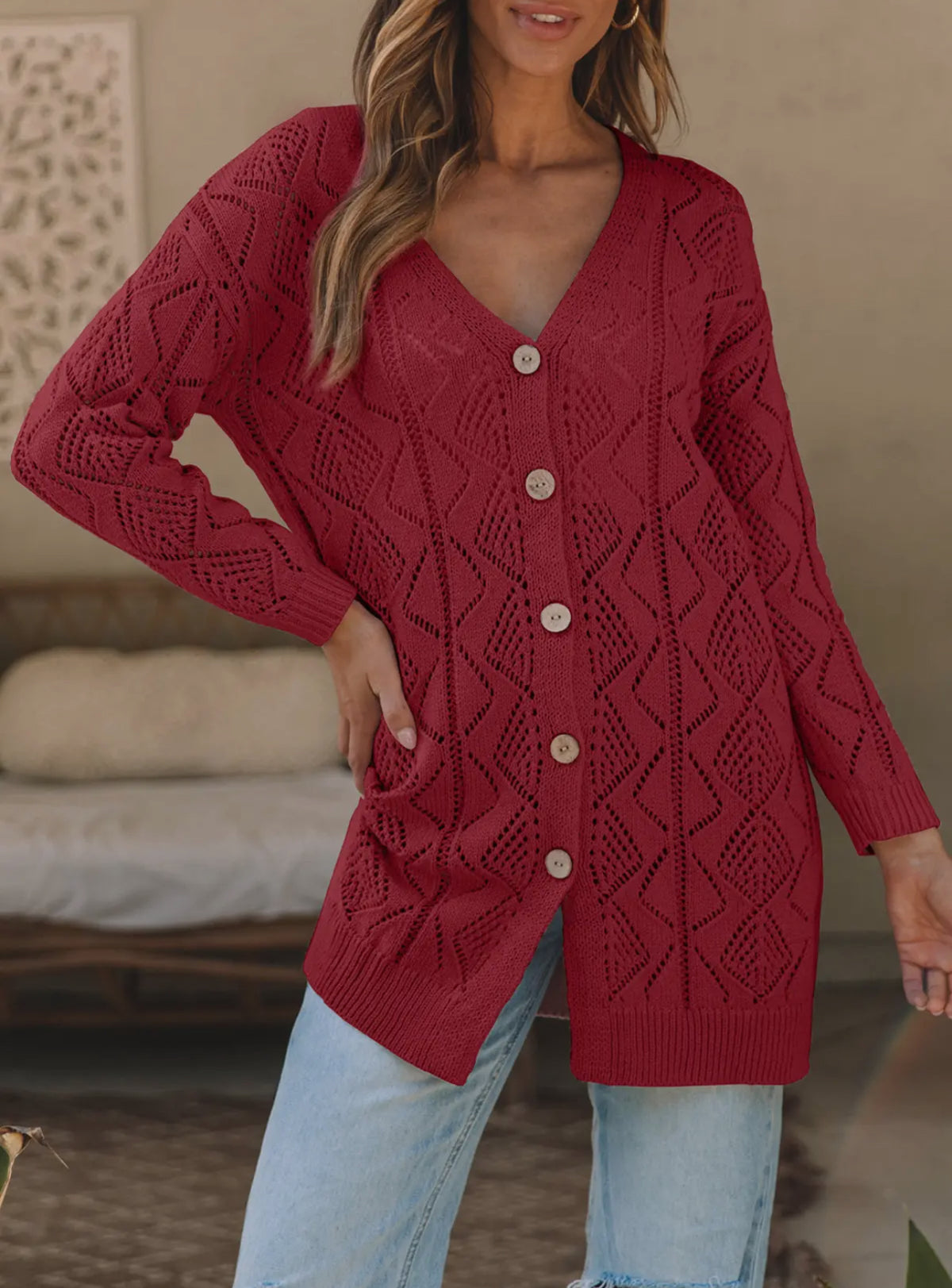 Open Work Knit Cardigan - Red