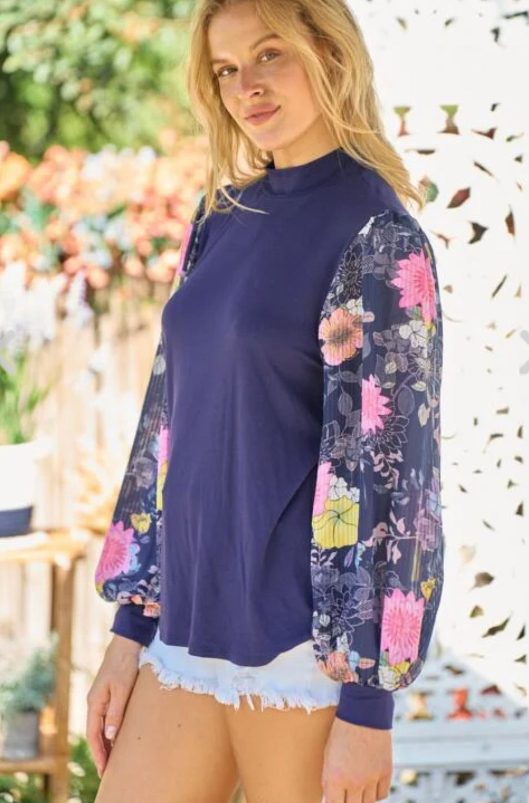 Bonjour~Navy Blue Blouse with Lantern Sleeves