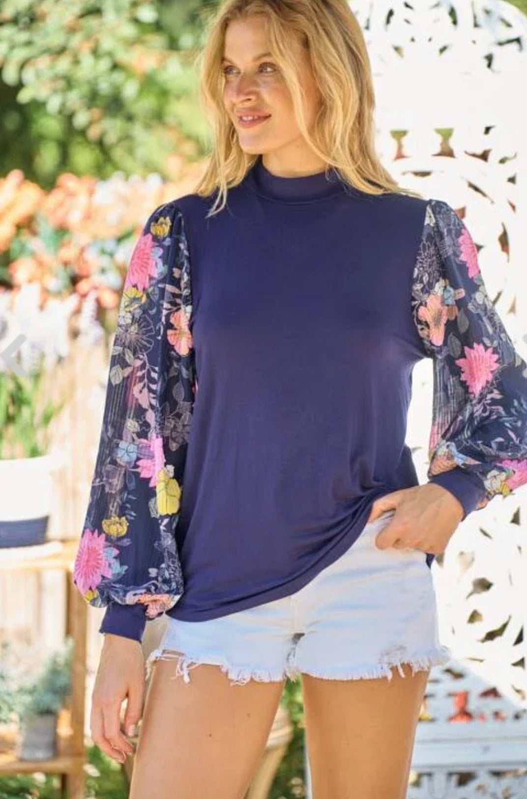 Bonjour~Navy Blue Blouse with Lantern Sleeves